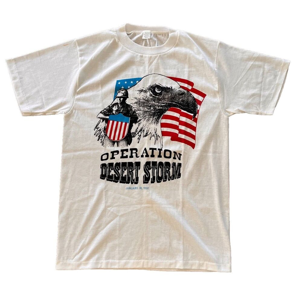 Vintage 90s Size M Desert Storm USA Military Single Stitch T Shirt Mens White